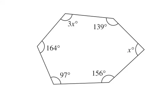 Hexagon with interior angles 3x°, 139°, x°, 156°, 97° and 164°