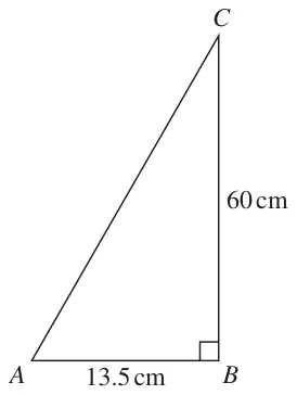 Right-angled triangle ABC with the right angle at B; AB = 13.5 cm and BC = 60 cm