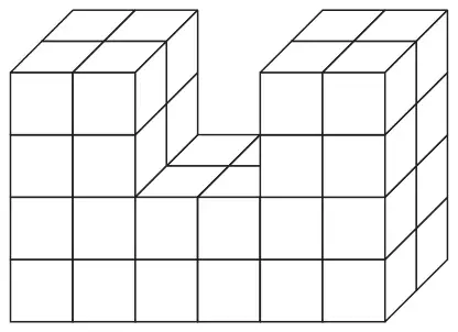 Solid prism made from centimetre cubes, 2 cubes deep, with a U-shaped front face