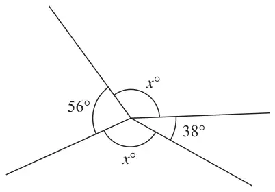Four lines from a point making angles x°, 56°, x° and 38°