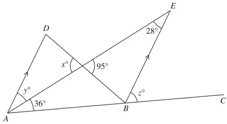 Triangles ADB and AEB with ABC a straight line and AD parallel to BE; angles 36, 95 and 28 degrees and x, y, z marked
