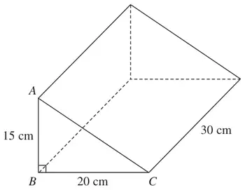 Triangular prism with right angle at B, AB 15 cm, BC 20 cm and length 30 cm
