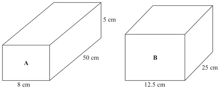 Cuboid A: 8 cm by 50 cm by 5 cm; cuboid B: 12.5 cm by 25 cm, height not given