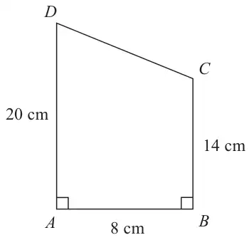 Trapezium ABCD with right angles at A and B; AD = 20 cm, AB = 8 cm, BC = 14 cm