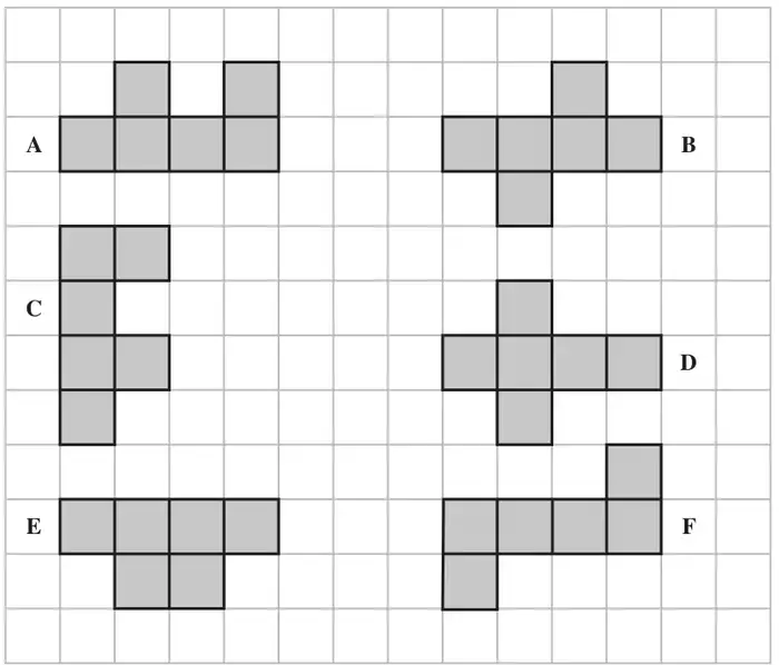 Six shapes A to F, each made from five or six centimetre squares, on a square grid