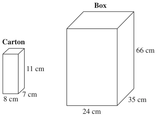 Carton: cuboid 8 cm by 7 cm by 11 cm. Box: cuboid 24 cm by 35 cm by 66 cm