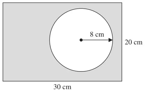 Shaded rectangle 30 cm by 20 cm with an unshaded circle of radius 8 cm inside it