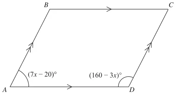 Parallelogram ABCD with angle BAD = (7x - 20) degrees and angle ADC = (160 - 3x) degrees