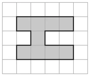 Shaded I-shaped figure on a centimetre grid: a top bar 4 squares wide, a middle stem 2 squares wide and a bottom bar 4 squares wide