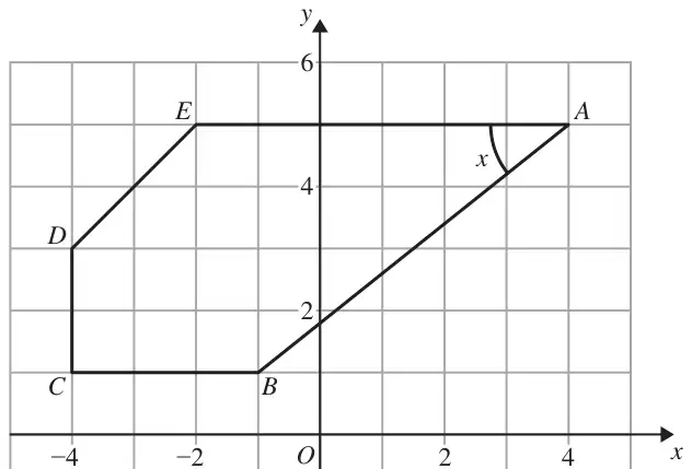 Centimetre grid with axes; pentagon ABCDE with A(4, 5), B(-1, 1), C(-4, 1), D(-4, 3), E(-2, 5); angle x marked at A between AE and AB