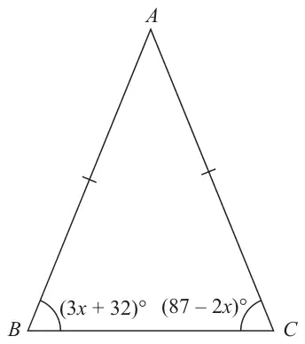 Isosceles triangle ABC with AB = AC, angle B = (3x + 32)° and angle C = (87 − 2x)°