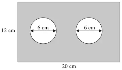 Shaded rectangle 20 cm by 12 cm with two circles of diameter 6 cm cut out