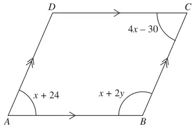 Parallelogram ABCD with angle A = x + 24, angle B = x + 2y and angle C = 4x - 30