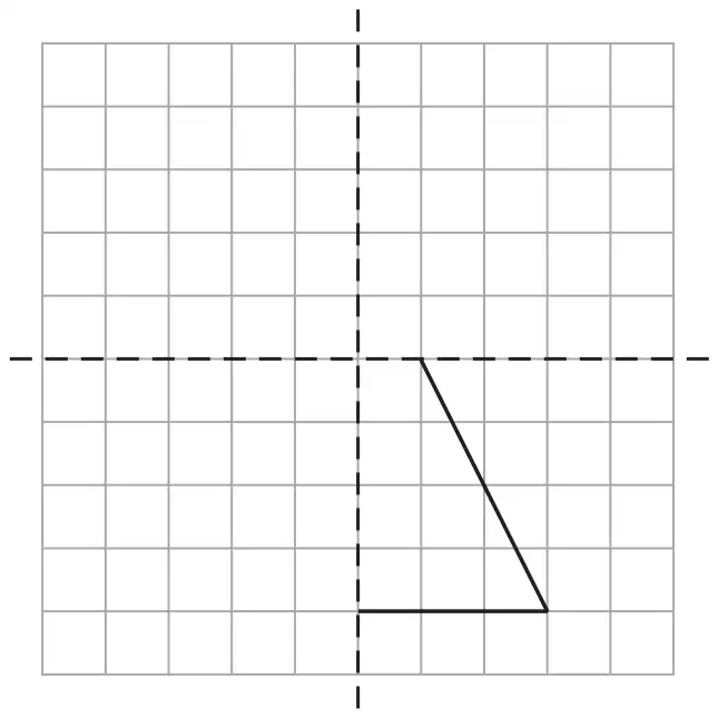 Square grid with a vertical and a horizontal dashed line of symmetry; one quarter of the shape is drawn below and to the right of where they cross