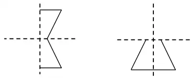 Two partial shapes, each reflected in one line of symmetry only