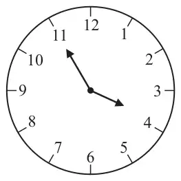 Clock face with the hour hand just before 4 and the minute hand at 11