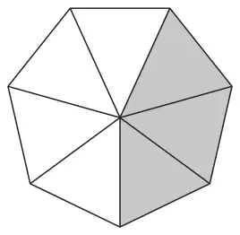 Regular heptagon divided into 7 equal triangles from the centre, 3 of them shaded