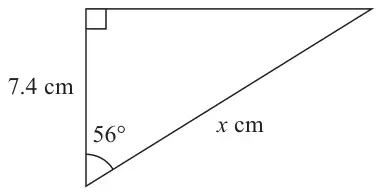 Right-angled triangle; side 7.4 cm next to the right angle; angle 56° between the 7.4 cm side and the hypotenuse x cm