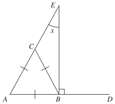 Equilateral triangle ABC; ABD and ACE are straight lines; angle EBD is a right angle; angle x at E