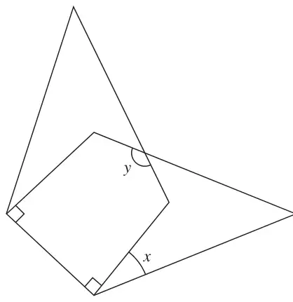 Two of the kites overlapping along a shorter side, with angles x and y marked
