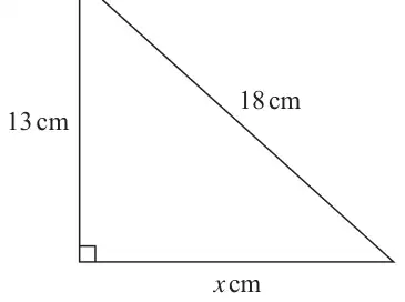 Right-angled triangle with vertical side 13 cm, horizontal side x cm and hypotenuse 18 cm
