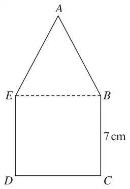 Shape ABCDE: equilateral triangle ABE on top of square BCDE; BC = 7 cm; EB is dashed