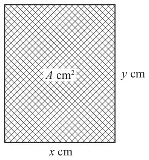 Rectangular photo frame of width x cm, height y cm and area A square centimetres