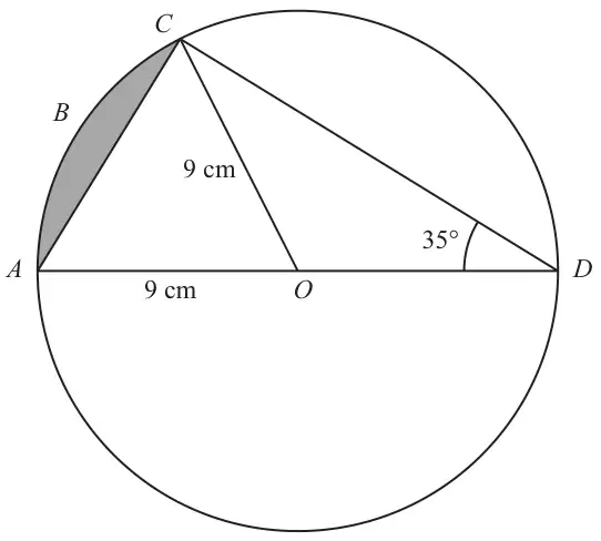 Circle centre O with diameter AOD, chord AC, OA = OC = 9 cm, angle ADC = 35 degrees and the segment between chord AC and arc ABC shaded