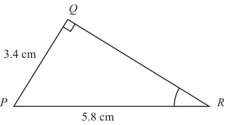 Triangle PQR with a right angle at Q, PQ = 3.4 cm and PR = 5.8 cm