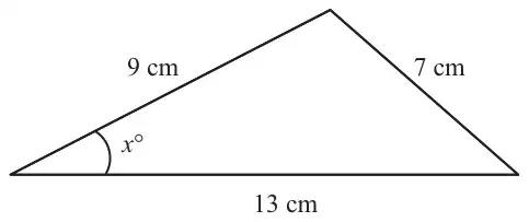 Triangle with sides 9 cm, 7 cm and 13 cm; angle x° between the 9 cm and 13 cm sides