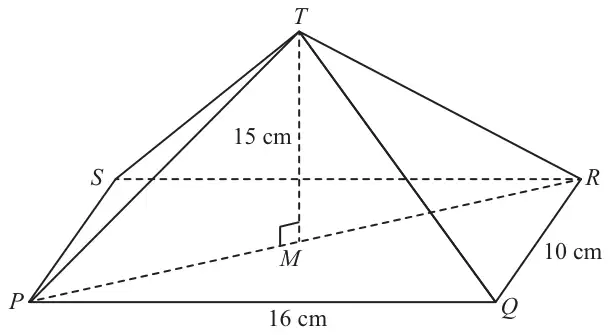Pyramid TPQRS on a horizontal rectangular base with PQ = 16 cm and QR = 10 cm; T vertically above M, the midpoint of PR, with MT = 15 cm