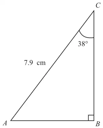 Right-angled triangle ABC with the right angle at B, AC = 7.9 cm and angle C = 38°