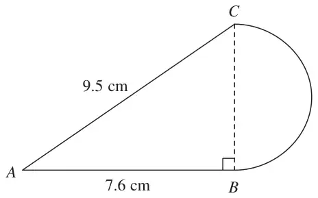 Right-angled triangle ABC with the right angle at B, AB = 7.6 cm, AC = 9.5 cm, and a semicircle on diameter BC