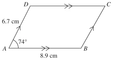 Parallelogram ABCD with AB = 8.9 cm, AD = 6.7 cm and angle BAD = 74 degrees