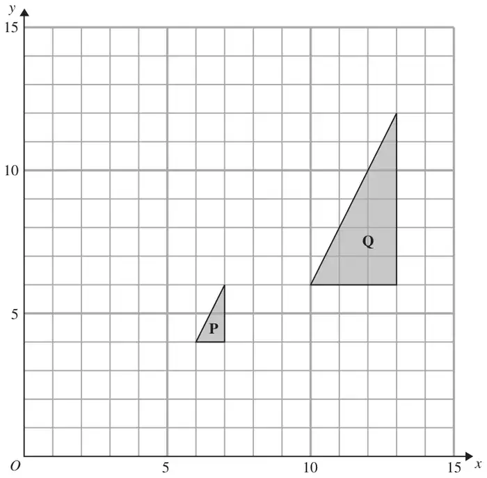 Grid with x and y from 0 to 15 showing triangle P and triangle Q
