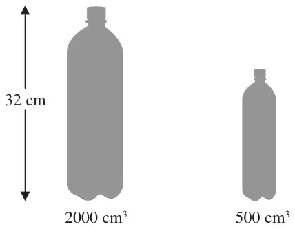 A large bottle of height 32 cm and volume 2000 cm³ next to a similar small bottle of volume 500 cm³