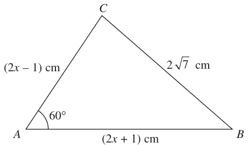 Triangle ABC with AB = (2x + 1) cm, AC = (2x − 1) cm, BC = 2√7 cm and angle BAC = 60°