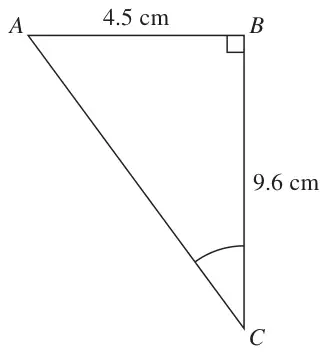 Right-angled triangle ABC with the right angle at B, AB = 4.5 cm and BC = 9.6 cm