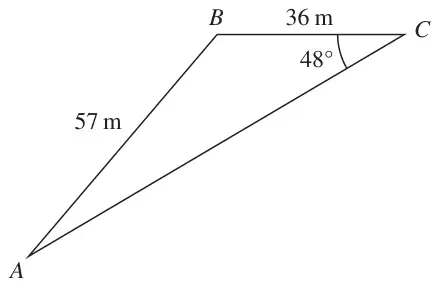 Triangle ABC with AB = 57 m, BC = 36 m and angle BCA = 48°