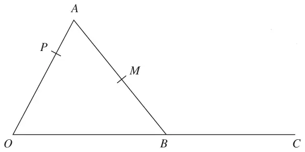 Triangle OAB with P on OA, M the midpoint of AB, and OB extended to C