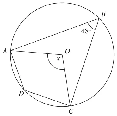 Circle with centre O and points A, B, C and D on it; angle ABC = 48 degrees; angle x is angle AOC
