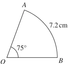 Sector OAB with angle AOB = 75 degrees and arc AB = 7.2 cm