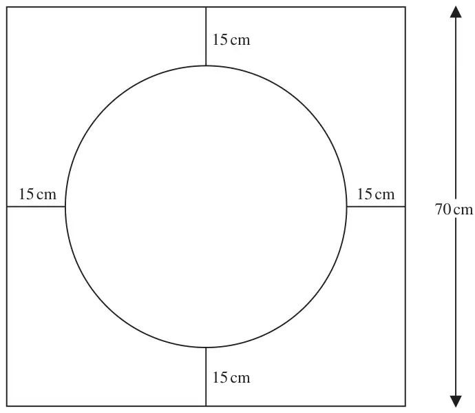 Square of side 70 cm with a circle inside it; four straight pieces of length 15 cm join the circle to the midpoints of the sides of the square