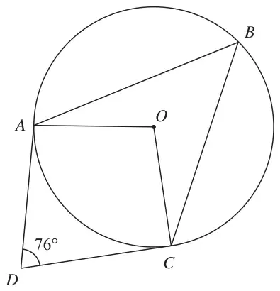 Circle centre O with points A, B and C on the circle; tangents DA and DC meet at D with angle ADC = 76 degrees; lines AB, BC, OA and OC drawn