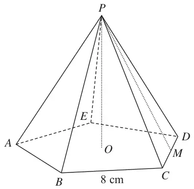 Pyramid with regular pentagon base ABCDE, centre O, side 8 cm; vertex P vertically above O; M is the midpoint of CD