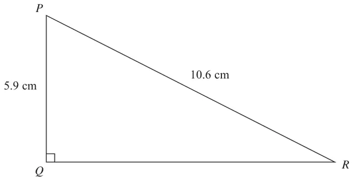 Right-angled triangle PQR with the right angle at Q; PQ = 5.9 cm and PR = 10.6 cm