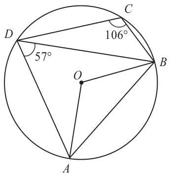 Circle centre O through A, B, C and D; angle ADB = 57 degrees and angle BCD = 106 degrees