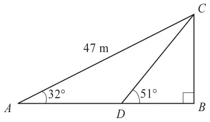 Right-angled triangle ABC with right angle at B, AC = 47 m, angle BAC = 32 degrees, D on AB with angle BDC = 51 degrees