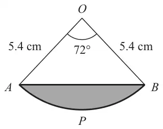 Sector OAPB with OA = OB = 5.4 cm and angle AOB = 72 degrees, segment APB shaded