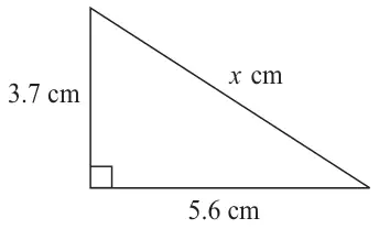 Right-angled triangle with shorter sides 3.7 cm and 5.6 cm and hypotenuse x cm